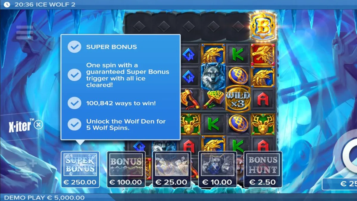 Tampilan visual slot Ice Wolf 2 dengan latar belakang pegunungan bersalju dan grid yang membeku.